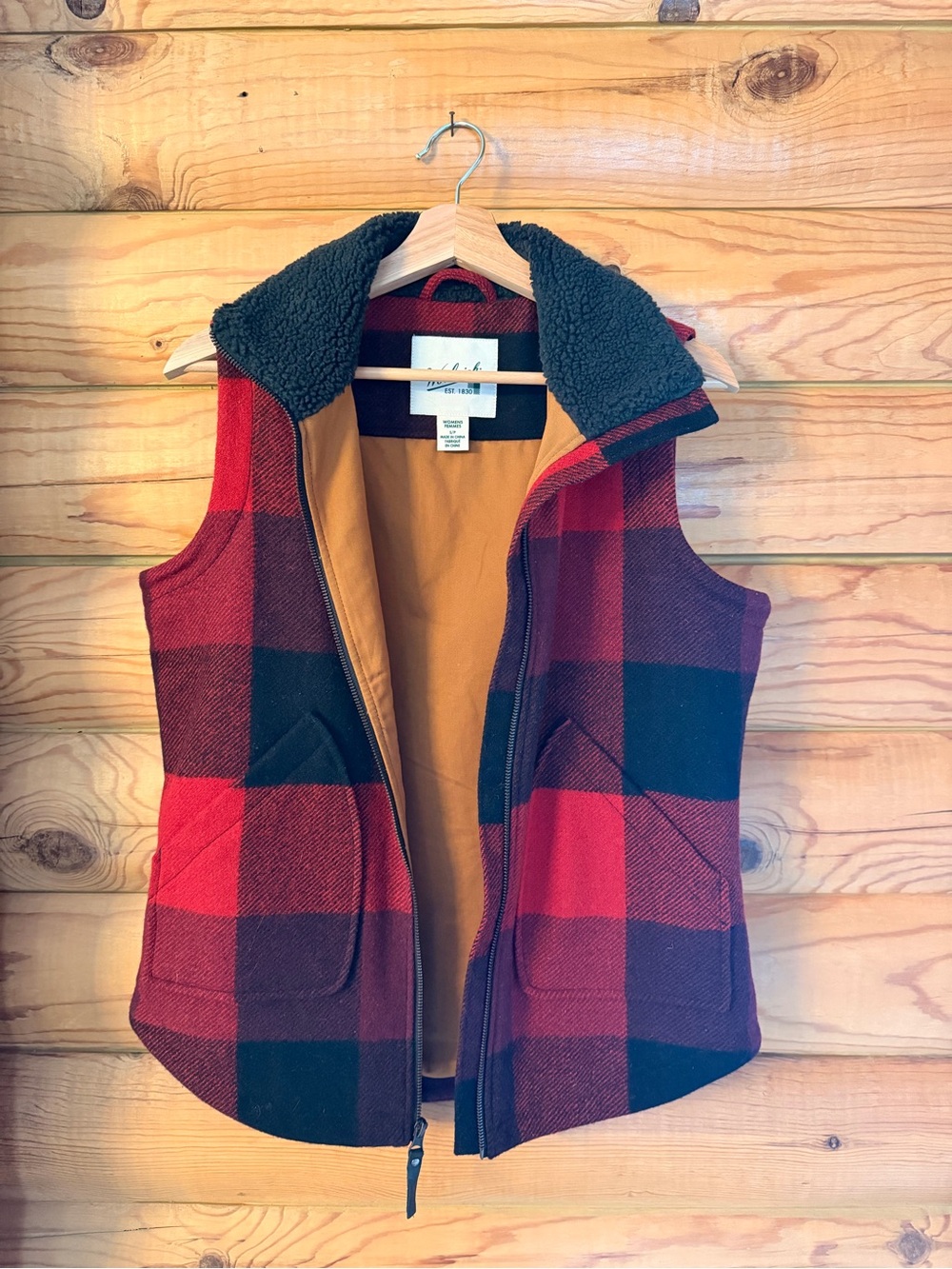 Woolrich Red and Black Buffalo Plaid Women’s Vest with Sherpa Collar